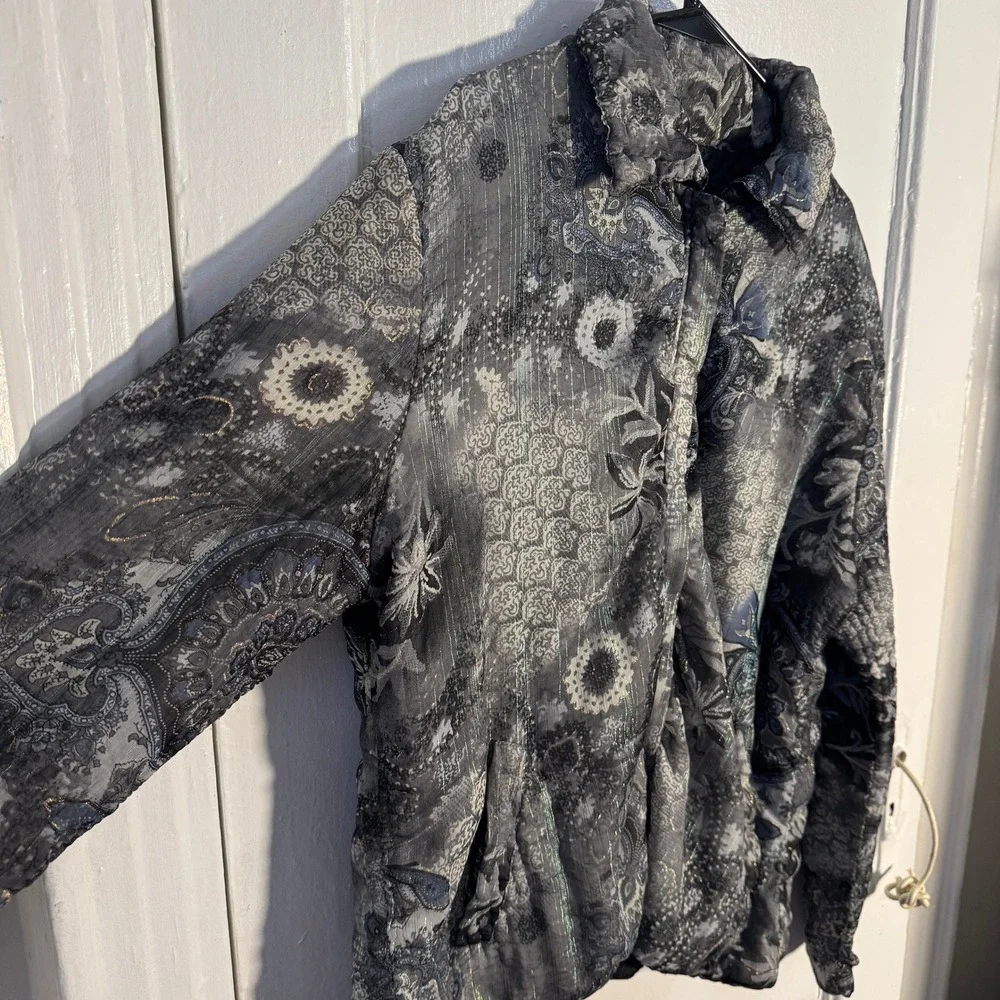 Vtg Y2K UbU Reversible Paisley Zip Jacket Metallic Floral Abstract Retro Silvr L